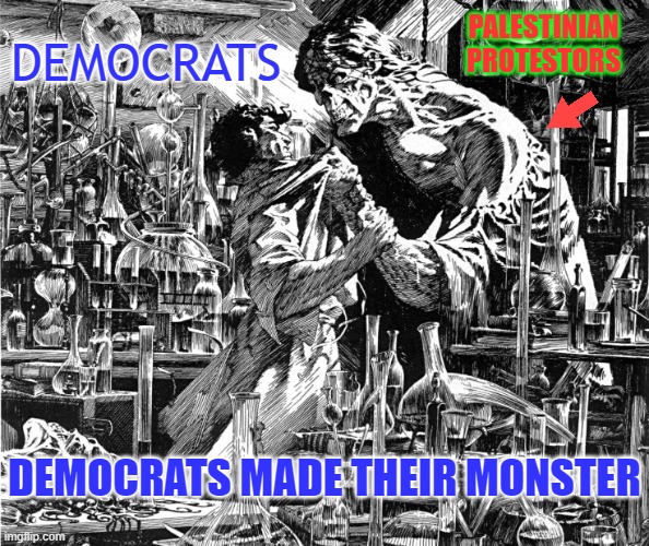 Democrats made their monster | PALESTINIAN PROTESTORS; DEMOCRATS; DEMOCRATS MADE THEIR MONSTER | image tagged in democrats,palestinian protestors,hell to pay,frankenstein | made w/ Imgflip meme maker