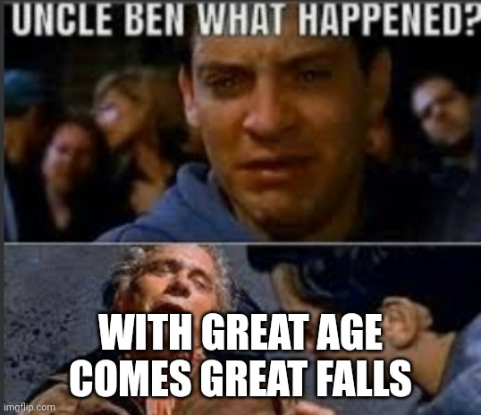 How it should have went | WITH GREAT AGE COMES GREAT FALLS | image tagged in uncle ben what happened,spiderman,memes,food,cats,funny memes | made w/ Imgflip meme maker