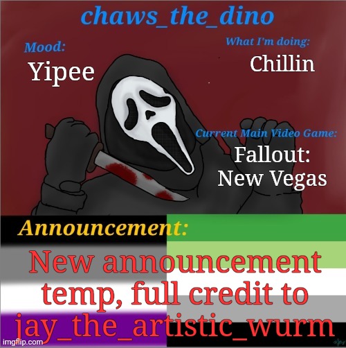 Yipee | Chillin; Yipee; Fallout: New Vegas; New announcement temp, full credit to jay_the_artistic_wurm | image tagged in announcement,new | made w/ Imgflip meme maker