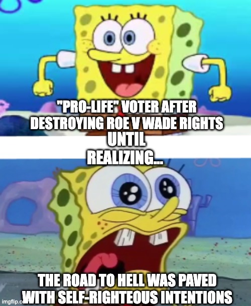 PRO-LIFE SPONGEBOB | "PRO-LIFE" VOTER AFTER DESTROYING ROE V WADE RIGHTS; UNTIL REALIZING... THE ROAD TO HELL WAS PAVED WITH SELF-RIGHTEOUS INTENTIONS | image tagged in spongebob happy vs crazy,pro life,abortion,donald trump,spongebob,civil rights | made w/ Imgflip meme maker