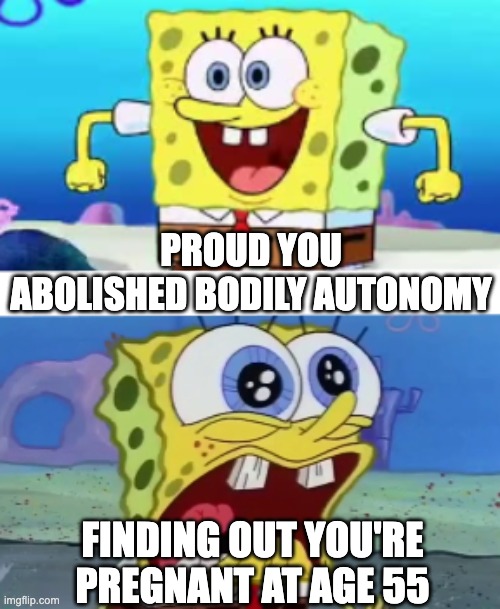 Abolished Abortion! | PROUD YOU ABOLISHED BODILY AUTONOMY; FINDING OUT YOU'RE PREGNANT AT AGE 55 | image tagged in spongebob happy vs crazy,women's rights,prolife,abortion,seniors,pregnant | made w/ Imgflip meme maker