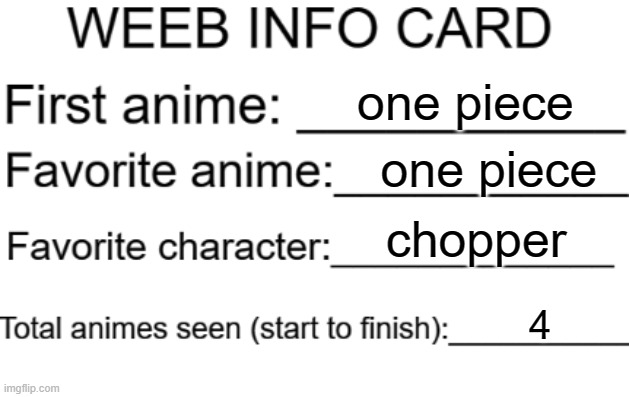 Weeb info card | one piece; one piece; chopper; 4 | image tagged in weeb info card | made w/ Imgflip meme maker
