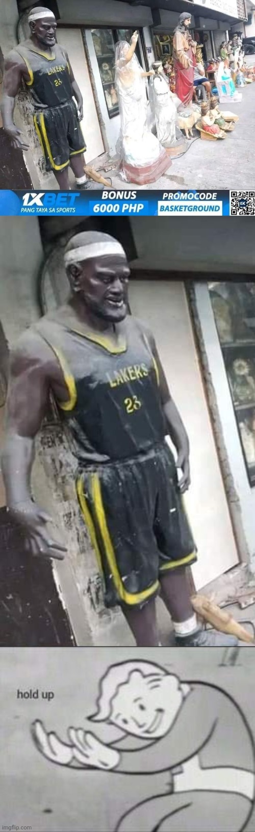 Lebron James holy statue | image tagged in fallout hold up,memes,lebron james,nba,statue,lmao | made w/ Imgflip meme maker