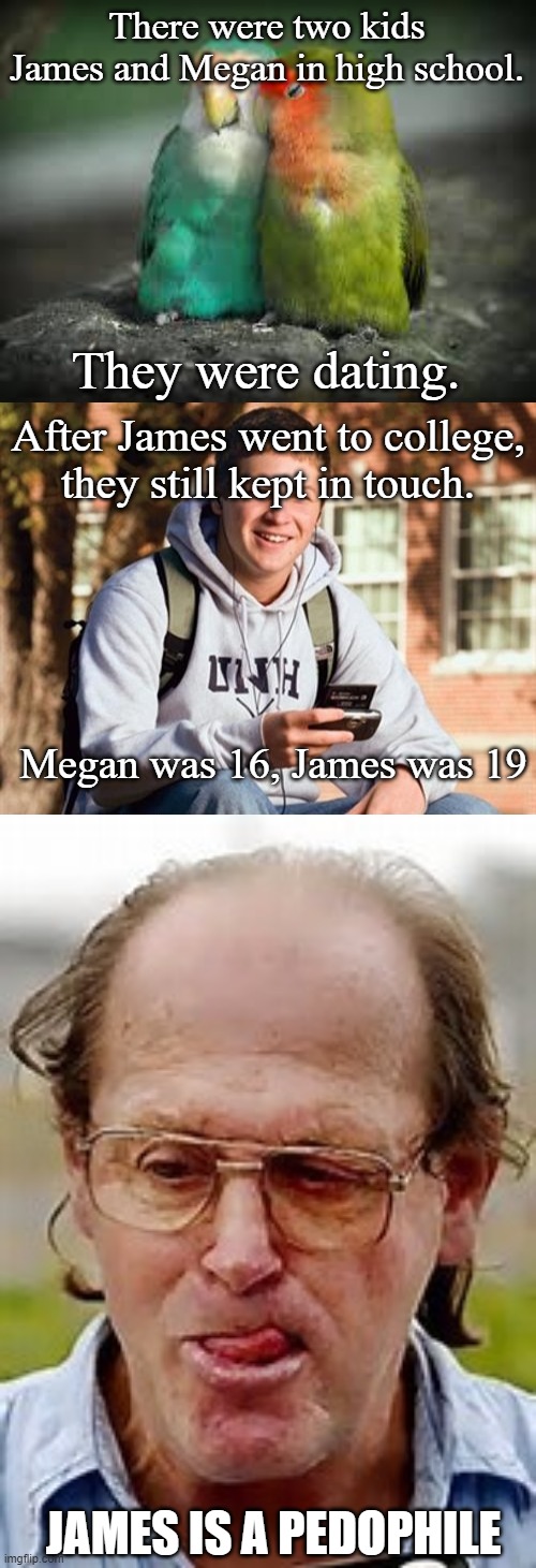 No spoilers in the title! | There were two kids James and Megan in high school. They were dating. After James went to college, they still kept in touch. Megan was 16, James was 19; JAMES IS A PEDOPHILE | image tagged in lovebirds,memes,college freshman,pedophile | made w/ Imgflip meme maker