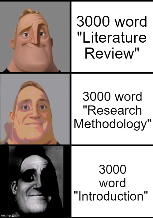 Only college students can relate it (Dissertations are painful :( ) | 3000 word "Literature Review"; 3000 word "Research Methodology"; 3000 word "Introduction" | image tagged in 3 frame uncanny mr incredible | made w/ Imgflip meme maker