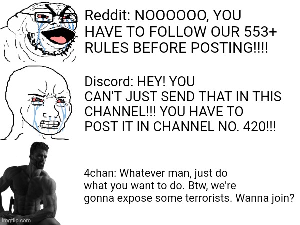 Reddit: NOOOOOO, YOU HAVE TO FOLLOW OUR 553+ RULES BEFORE POSTING!!!! Discord: HEY! YOU CAN'T JUST SEND THAT IN THIS CHANNEL!!! YOU HAVE TO POST IT IN CHANNEL NO. 420!!! 4chan: Whatever man, just do what you want to do. Btw, we're gonna expose some terrorists. Wanna join? | made w/ Imgflip meme maker