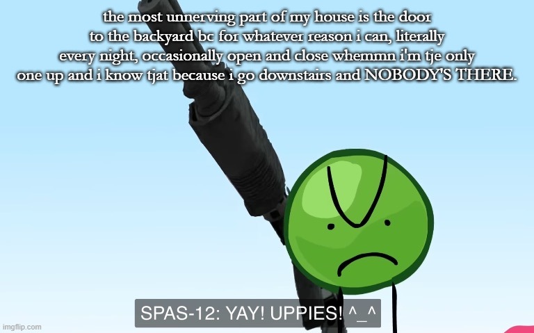 am i just experiencing auditory hallucinations | the most unnerving part of my house is the door to the backyard bc for whatever reason i can, literally every night, occasionally open and close whemmn i'm tje only one up and i know tjat because i go downstairs and NOBODY'S THERE. | image tagged in uppies | made w/ Imgflip meme maker