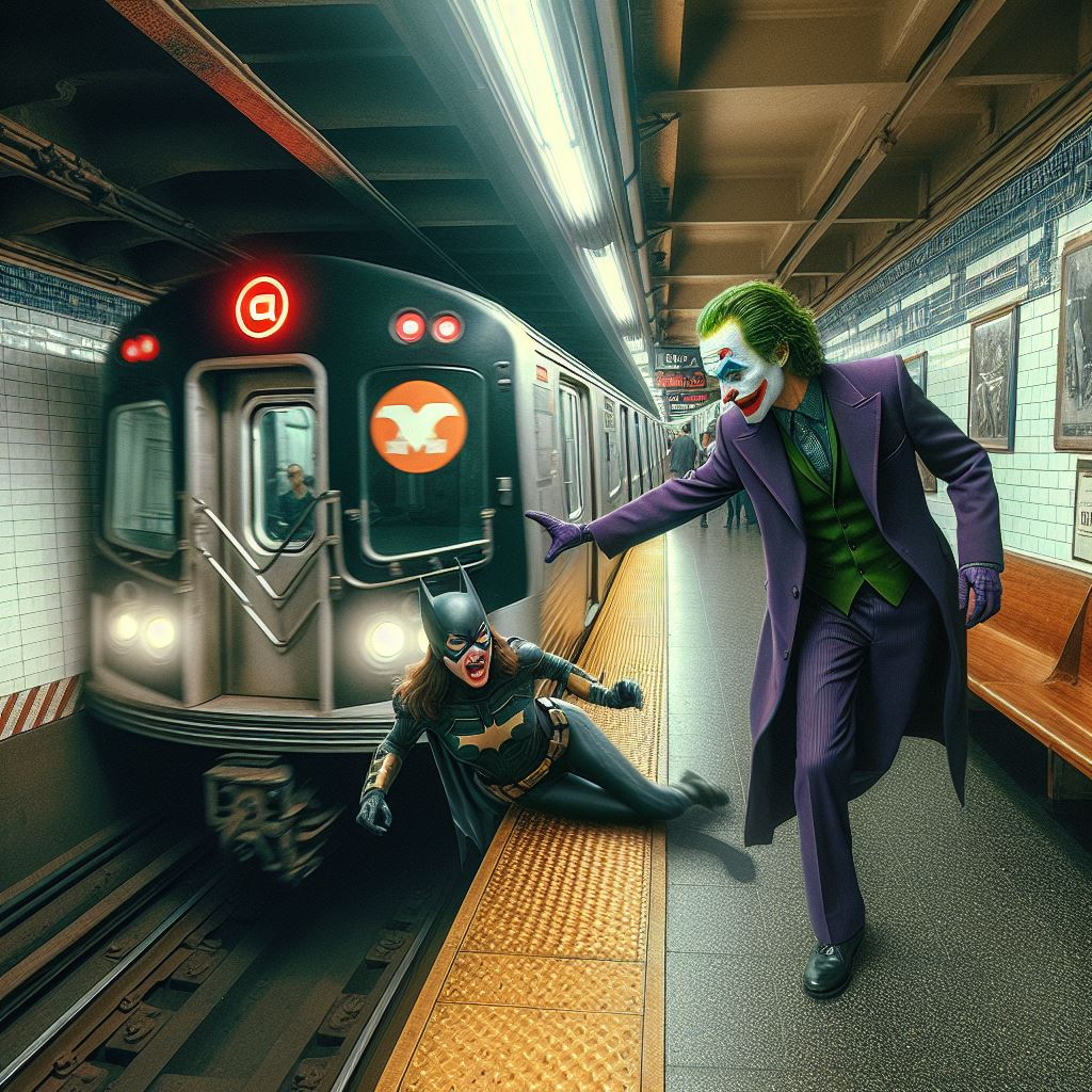 High Quality The Joker Pushing Batgirl into a Subway Train Blank Meme Template