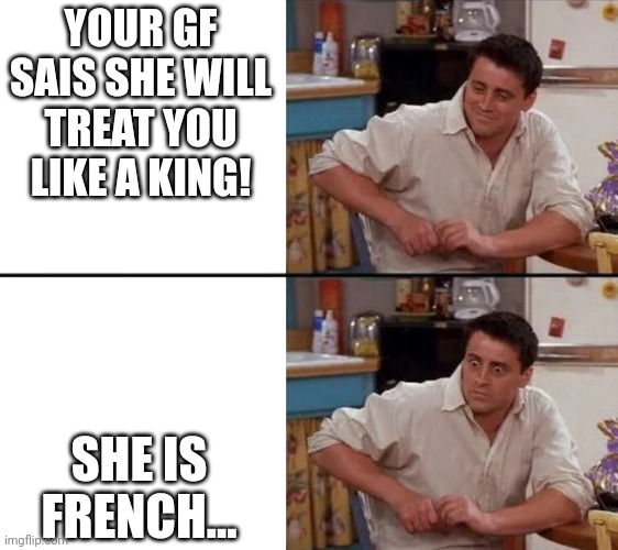 Surprised Joey | YOUR GF SAIS SHE WILL TREAT YOU LIKE A KING! SHE IS FRENCH... | image tagged in surprised joey | made w/ Imgflip meme maker