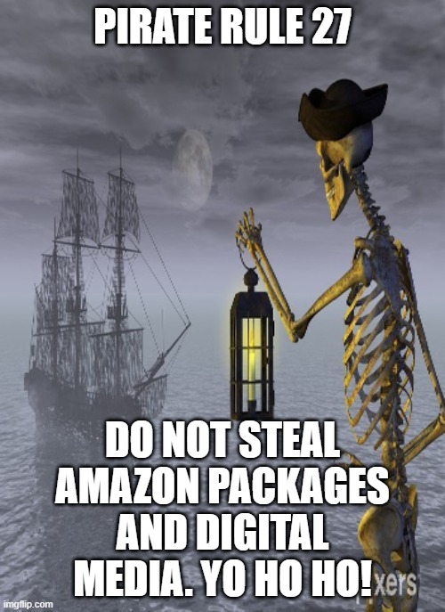 play sea of thieves or something idk | PIRATE RULE 27; DO NOT STEAL AMAZON PACKAGES AND DIGITAL MEDIA. YO HO HO! | image tagged in ye rules o' the pirate code,pirate,cool skeleton,dank memes,msmg,memes | made w/ Imgflip meme maker