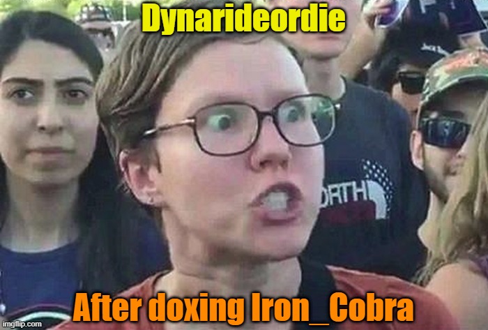 Triggered Liberal | Dynarideordie After doxing Iron_Cobra | image tagged in triggered liberal | made w/ Imgflip meme maker
