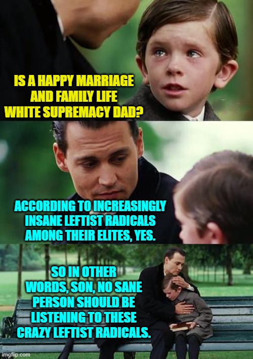 When did the Dem Party lose the ability to detect true insanity among their ranks? | IS A HAPPY MARRIAGE AND FAMILY LIFE WHITE SUPREMACY DAD? ACCORDING TO INCREASINGLY INSANE LEFTIST RADICALS AMONG THEIR ELITES, YES. SO IN OTHER WORDS, SON, NO SANE PERSON SHOULD BE LISTENING TO THESE CRAZY LEFTIST RADICALS. | image tagged in finding neverland | made w/ Imgflip meme maker