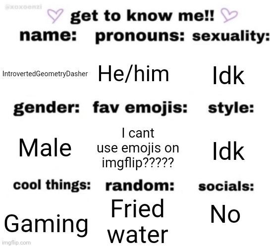 get to know me but better | IntrovertedGeometryDasher; He/him; Idk; I cant use emojis on imgflip????? Idk; Male; No; Fried water; Gaming | image tagged in get to know me but better | made w/ Imgflip meme maker
