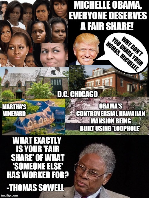 Why don't you share your homes, Michelle? | D.C. CHICAGO; MARTHA'S VINEYARD | image tagged in michelle obama,trump laughing | made w/ Imgflip meme maker