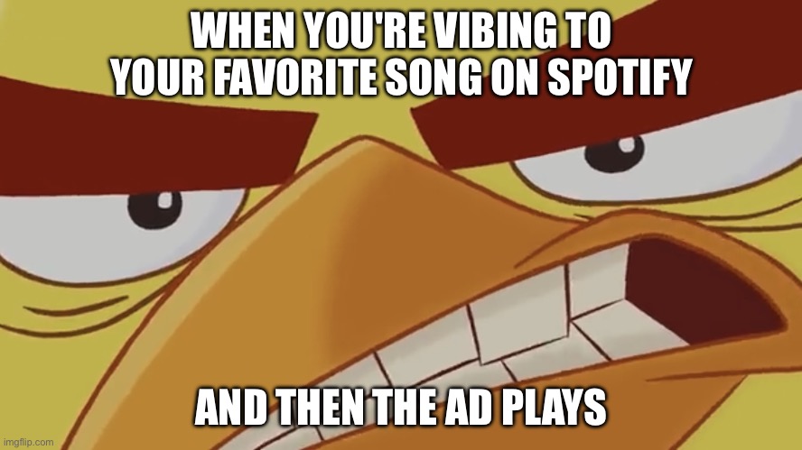 WANT A BREAK FROM THE ADS? | WHEN YOU'RE VIBING TO YOUR FAVORITE SONG ON SPOTIFY; AND THEN THE AD PLAYS | image tagged in dank bird template edition,spotify,ads,chuckpost,chuck,angry birds | made w/ Imgflip meme maker