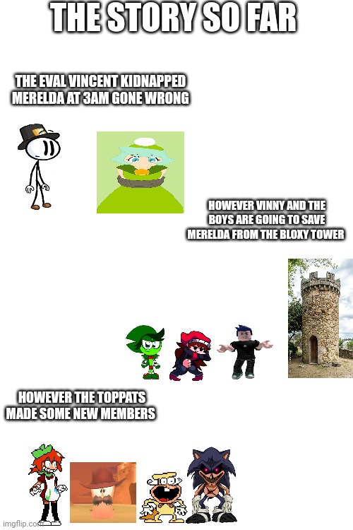 BLOXY TOWER but bad the story so far | THE STORY SO FAR; THE EVAL VINCENT KIDNAPPED MERELDA AT 3AM GONE WRONG; HOWEVER VINNY AND THE BOYS ARE GOING TO SAVE MERELDA FROM THE BLOXY TOWER; HOWEVER THE TOPPATS MADE SOME NEW MEMBERS | made w/ Imgflip meme maker