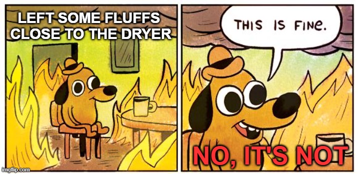 This Is Fine Meme | LEFT SOME FLUFFS 
CLOSE TO THE DRYER; NO, IT'S NOT | image tagged in memes,this is fine,funny memes,warning sign | made w/ Imgflip meme maker