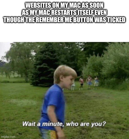 Wait a minute, who are you? | WEBSITES ON MY MAC AS SOON AS MY MAC RESTARTS ITSELF EVEN THOUGH THE REMEMBER ME BUTTON WAS TICKED | image tagged in wait a minute who are you | made w/ Imgflip meme maker