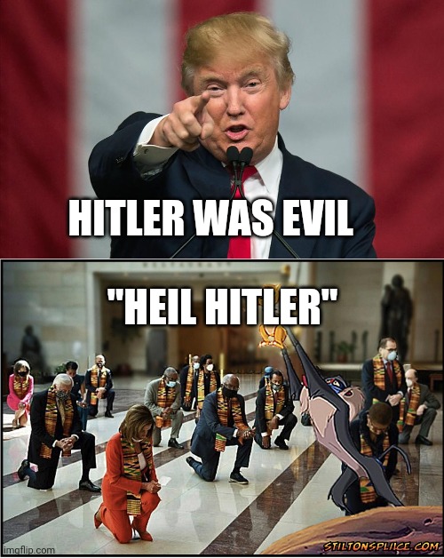 HITLER WAS EVIL "HEIL HITLER" | image tagged in donald trump birthday,kneeling democrats | made w/ Imgflip meme maker