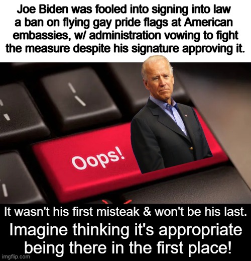 Back to Basics | Joe Biden was fooled into signing into law 
a ban on flying gay pride flags at American 
embassies, w/ administration vowing to fight
the measure despite his signature approving it. It wasn't his first misteak & won't be his last. Imagine thinking it's appropriate 
being there in the first place! | image tagged in political humor,joe biden,american,embassies,common sense,admin | made w/ Imgflip meme maker