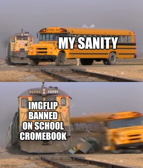 :( | MY SANITY; IMGFLIP BANNED ON SCHOOL CROMEBOOK | image tagged in a train hitting a school bus | made w/ Imgflip meme maker