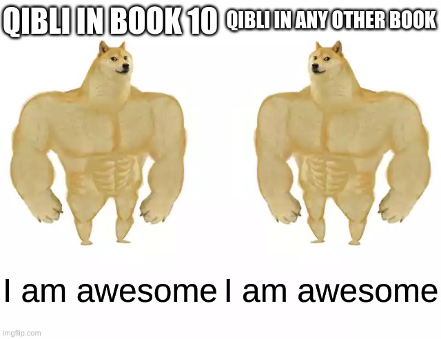 Buff Doge vs Buff Doge | QIBLI IN BOOK 10; QIBLI IN ANY OTHER BOOK; I am awesome; I am awesome | image tagged in buff doge vs buff doge | made w/ Imgflip meme maker