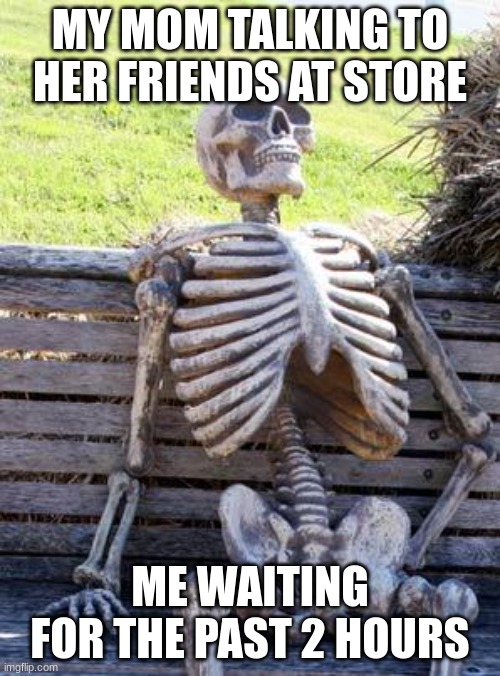 Wait young one | MY MOM TALKING TO HER FRIENDS AT STORE; ME WAITING FOR THE PAST 2 HOURS | image tagged in memes,waiting skeleton | made w/ Imgflip meme maker