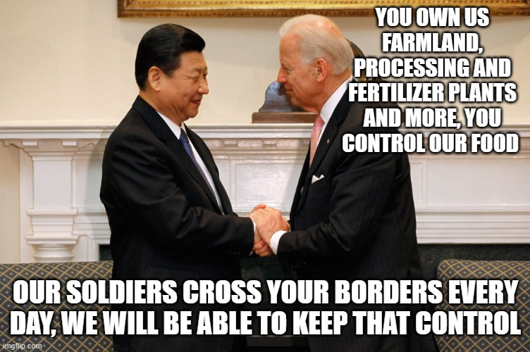 Biden's friends are not your friends. | YOU OWN US FARMLAND, PROCESSING AND FERTILIZER PLANTS AND MORE, YOU CONTROL OUR FOOD; OUR SOLDIERS CROSS YOUR BORDERS EVERY DAY, WE WILL BE ABLE TO KEEP THAT CONTROL | image tagged in biden xi hand shake,china joe biden,democrat war on america,china take over,us food insecurity,democrat treason | made w/ Imgflip meme maker
