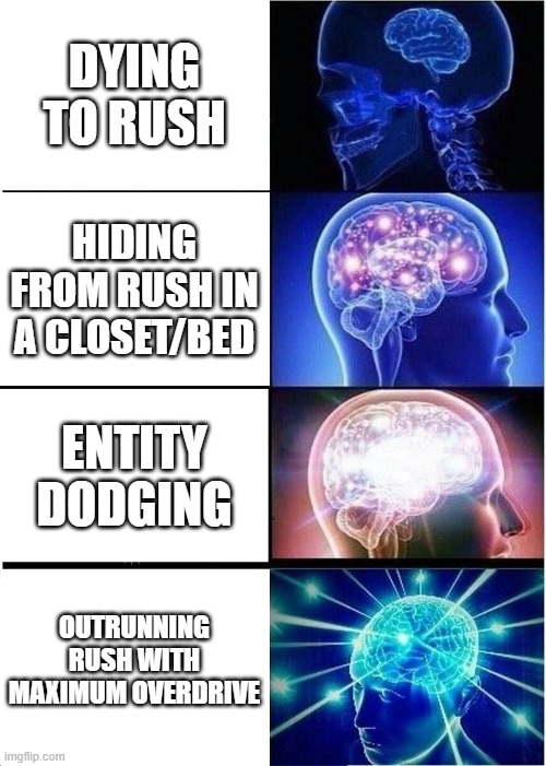 Evading Rush be like | DYING TO RUSH; HIDING FROM RUSH IN A CLOSET/BED; ENTITY DODGING; OUTRUNNING RUSH WITH MAXIMUM OVERDRIVE | image tagged in memes,expanding brain | made w/ Imgflip meme maker