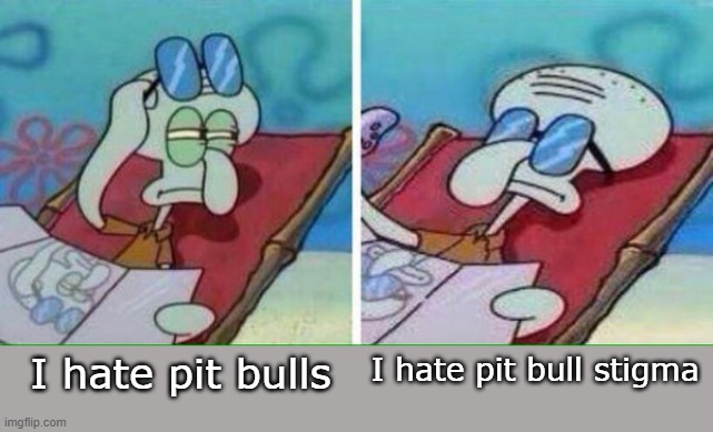 Pit Bulls are the perfect dogs. | I hate pit bulls; I hate pit bull stigma | image tagged in squidward sunbathing,pit bull,dogs | made w/ Imgflip meme maker