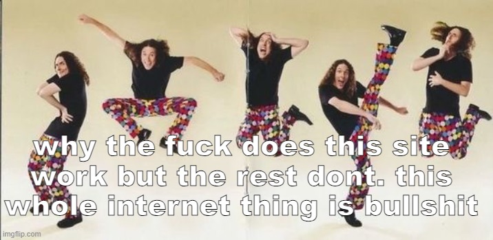 bluhhh | why the fuck does this site work but the rest dont. this whole internet thing is bullshit | image tagged in weird al | made w/ Imgflip meme maker