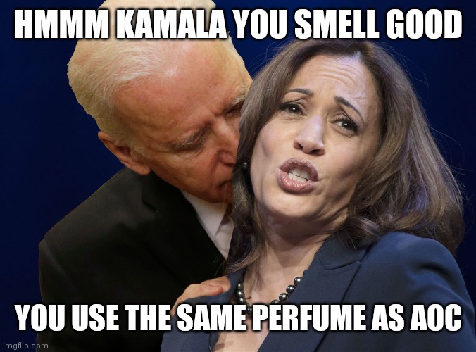 Smell good | HMMM KAMALA YOU SMELL GOOD; YOU USE THE SAME PERFUME AS AOC | image tagged in biden sniffing kamala harris,funny memes | made w/ Imgflip meme maker