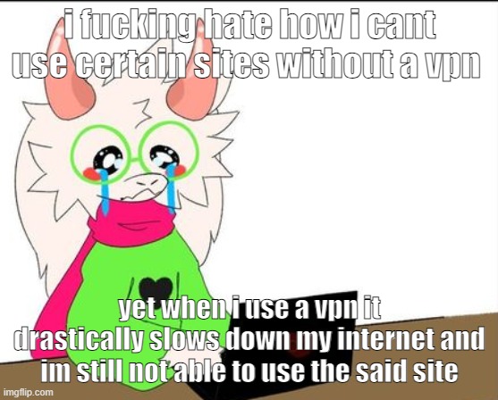 and no i aint paying for one i dont have enough money for that | i fucking hate how i cant use certain sites without a vpn; yet when i use a vpn it drastically slows down my internet and im still not able to use the said site | image tagged in i'm a lil' sad | made w/ Imgflip meme maker
