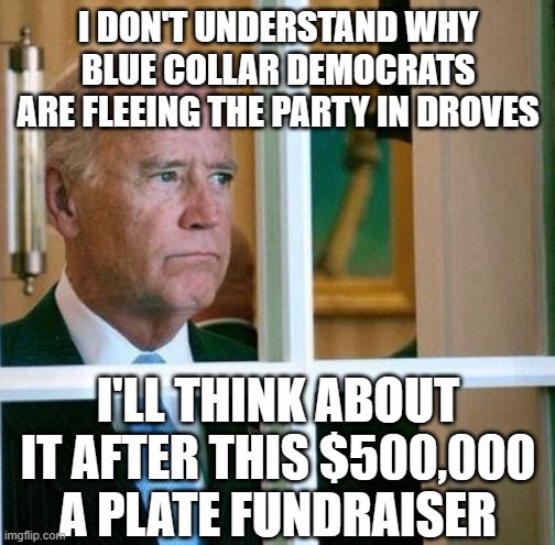 Sad Joe Biden | I DON'T UNDERSTAND WHY BLUE COLLAR DEMOCRATS ARE FLEEING THE PARTY IN DROVES; I'LL THINK ABOUT IT AFTER THIS $500,000 A PLATE FUNDRAISER | image tagged in sad joe biden | made w/ Imgflip meme maker