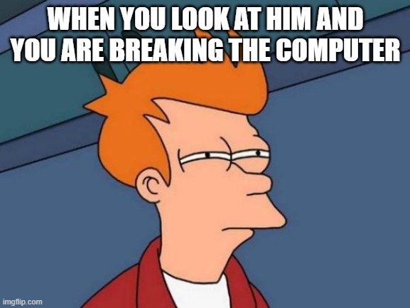 Futurama Fry | WHEN YOU LOOK AT HIM AND YOU ARE BREAKING THE COMPUTER | image tagged in memes,futurama fry | made w/ Imgflip meme maker