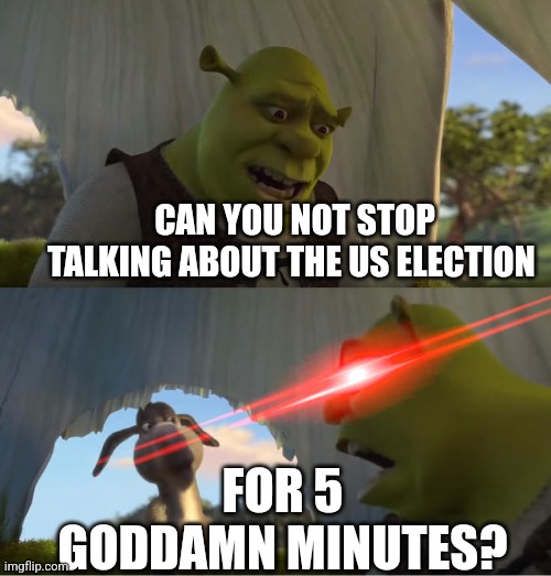 Shrek For Five Minutes | CAN YOU NOT STOP TALKING ABOUT THE US ELECTION; FOR 5 GODDAMN MINUTES? | image tagged in shrek for five minutes | made w/ Imgflip meme maker