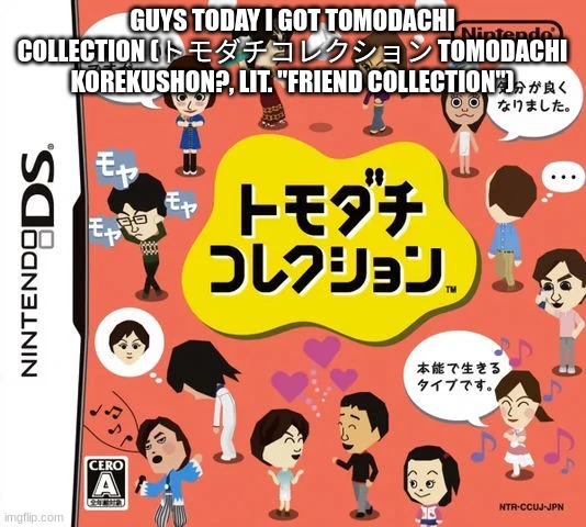 gaming | GUYS TODAY I GOT TOMODACHI COLLECTION (トモダチコレクション TOMODACHI KOREKUSHON?, LIT. "FRIEND COLLECTION") | image tagged in tomodachi collection | made w/ Imgflip meme maker