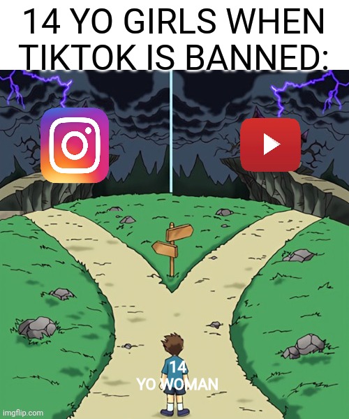 They have to choose a side | 14 YO GIRLS WHEN TIKTOK IS BANNED:; 14 YO WOMAN | image tagged in two castles both dark,tiktok,youtube,instagram | made w/ Imgflip meme maker