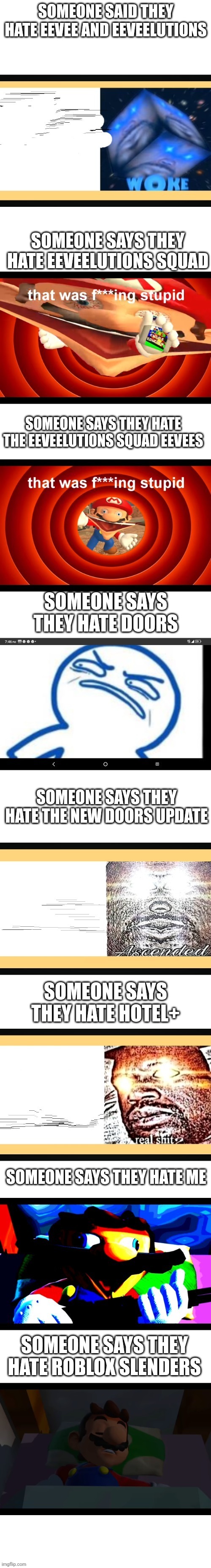 Mario becoming woken vr2 | SOMEONE SAID THEY HATE EEVEE AND EEVEELUTIONS; SOMEONE SAYS THEY HATE EEVEELUTIONS SQUAD; SOMEONE SAYS THEY HATE THE EEVEELUTIONS SQUAD EEVEES; SOMEONE SAYS THEY HATE DOORS; SOMEONE SAYS THEY HATE THE NEW DOORS UPDATE; SOMEONE SAYS THEY HATE HOTEL+; SOMEONE SAYS THEY HATE ME; SOMEONE SAYS THEY HATE ROBLOX SLENDERS | image tagged in mario becoming woken vr2 | made w/ Imgflip meme maker