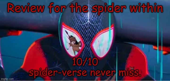 Quick review of the Spider-Within | Review for the spider within; 10/10
spider-verse never miss. | made w/ Imgflip meme maker
