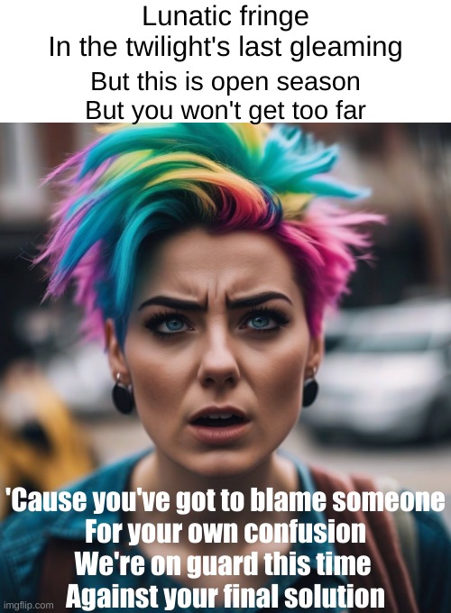 Angry Feminist Lunatic | Lunatic fringe
In the twilight's last gleaming But this is open season
But you won't get too far 'Cause you've got to blame someone
For your | image tagged in angry feminist lunatic | made w/ Imgflip meme maker