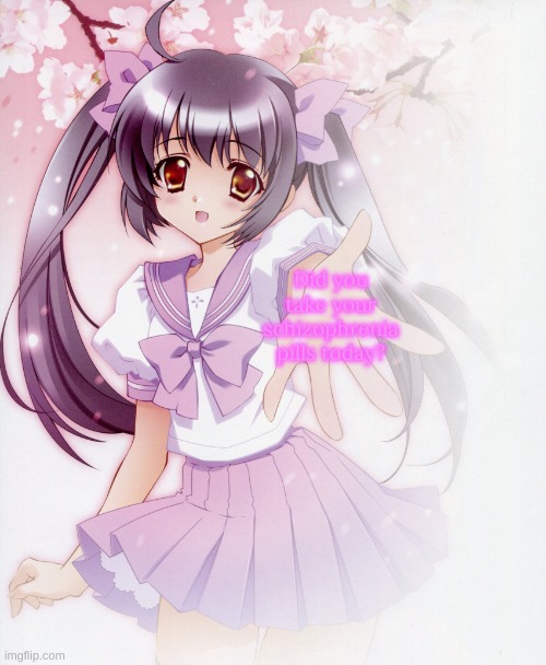 Let's take Ibuprofen together Anime Girl | Did you take your schizophrenia pills today? | image tagged in let's take ibuprofen together anime girl | made w/ Imgflip meme maker