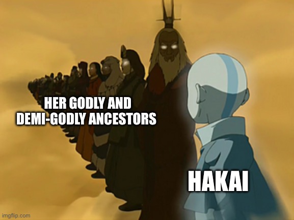 What if Hakai’s family lineage was full of Gods and Demigods until Hakai’s parents were demigods that made Aiko (Hakai) | HER GODLY AND DEMI-GODLY ANCESTORS; HAKAI | image tagged in avatar cycle | made w/ Imgflip meme maker