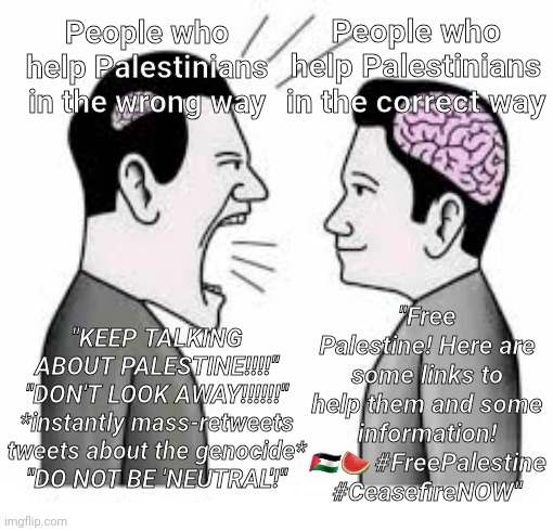 People who help Palestinians in the right way are great people. | People who help Palestinians in the wrong way; People who help Palestinians in the correct way; "Free Palestine! Here are some links to help them and some information! 🇵🇸🍉 #FreePalestine #CeasefireNOW"; "KEEP TALKING ABOUT PALESTINE!!!!"
"DON'T LOOK AWAY!!!!!!"
*instantly mass-retweets tweets about the genocide*
"DO NOT BE 'NEUTRAL'!" | image tagged in small brain vs big brain,memes,palestine,twitter,israel palestine genocide | made w/ Imgflip meme maker