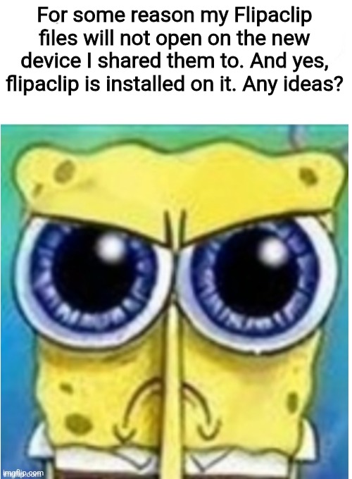 ????? | For some reason my Flipaclip files will not open on the new device I shared them to. And yes, flipaclip is installed on it. Any ideas? | image tagged in angry spongebob blank | made w/ Imgflip meme maker