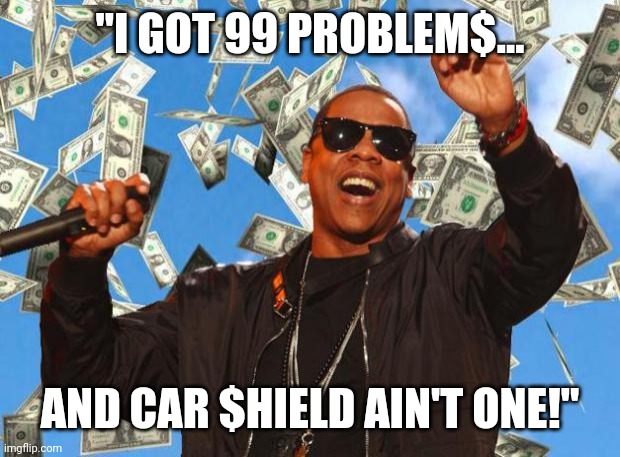jayz money | "I GOT 99 PROBLEM$... AND CAR $HIELD AIN'T ONE!" | image tagged in jayz money,car,shield | made w/ Imgflip meme maker