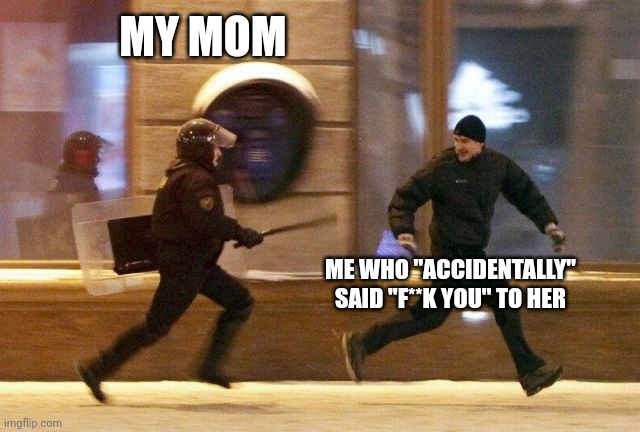 Real | MY MOM; ME WHO "ACCIDENTALLY" SAID "F**K YOU" TO HER | image tagged in police chasing guy | made w/ Imgflip meme maker