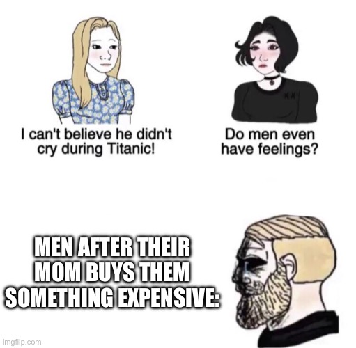 This makes me emotional | MEN AFTER THEIR MOM BUYS THEM SOMETHING EXPENSIVE: | image tagged in chad crying,sad,emotional,true,relatable | made w/ Imgflip meme maker