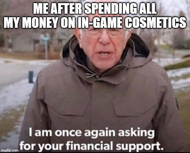 Cosmetics are just too appealing | ME AFTER SPENDING ALL MY MONEY ON IN-GAME COSMETICS | image tagged in i am once again asking for your financial support,cosmetics,jokes,memes,poor | made w/ Imgflip meme maker