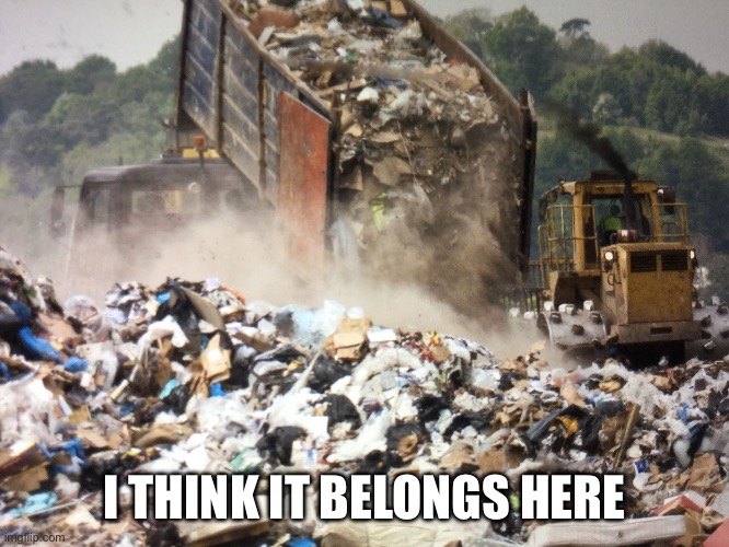 Garbage dump | I THINK IT BELONGS HERE | image tagged in garbage dump | made w/ Imgflip meme maker